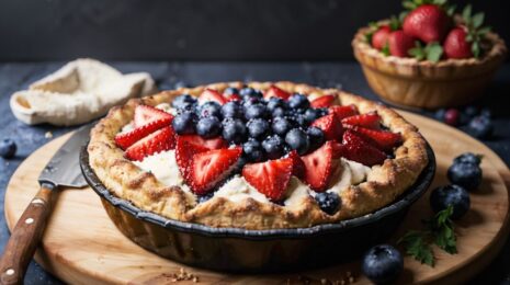 Сочный пирог с земляникой, черникой и черной смородиной