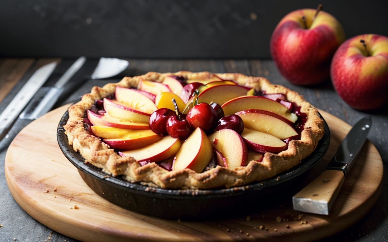 Пирог с яблоками, персиками и алычой